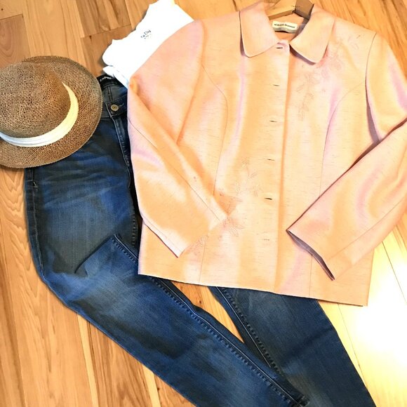 Alfred Dunner Beaded Blazer: Vintage 80s Floral Embroidery Jacket, Peach 14P - Picture 9 of 11